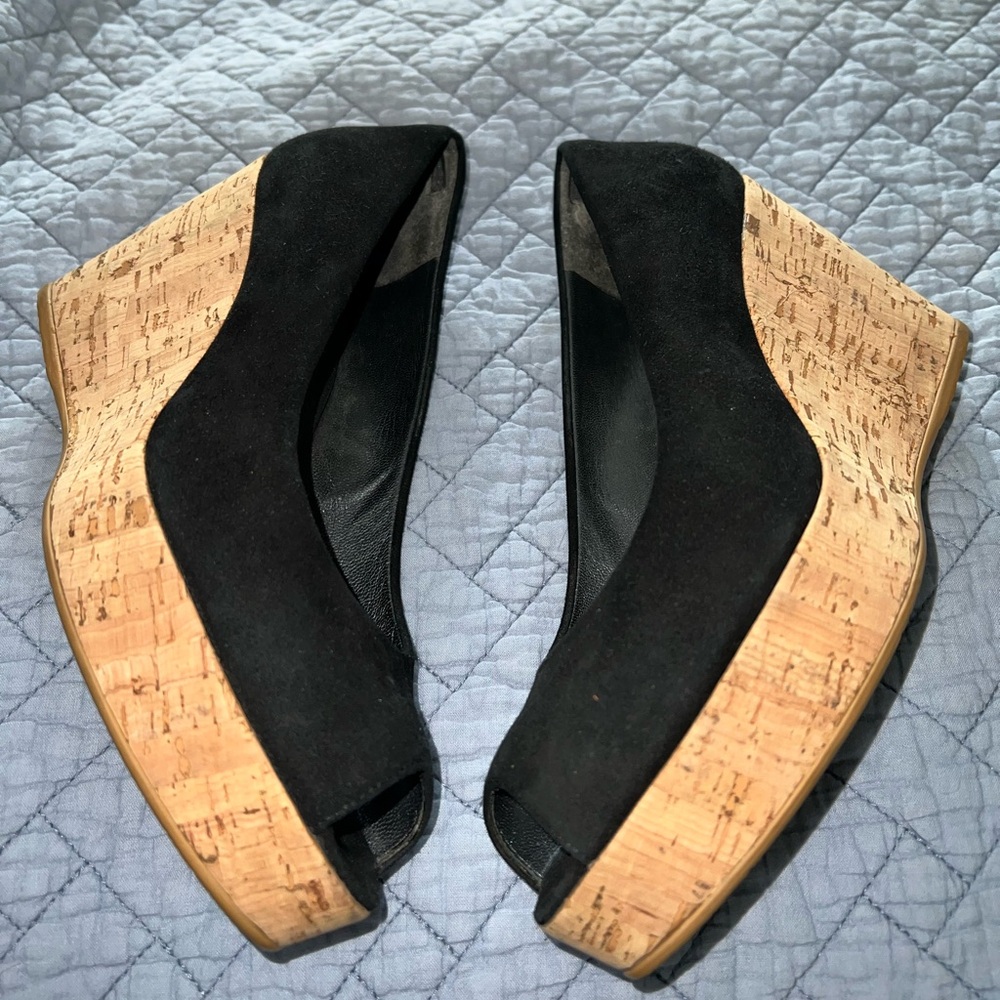Stuart Weitzman Black Suede Peep Toe Wedge Pumps